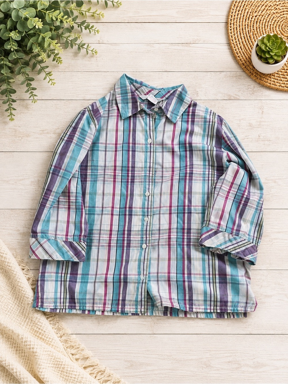 Alia Petite Plaid Button-Up Shirt with 3/4 sleeve – Size 8P 674